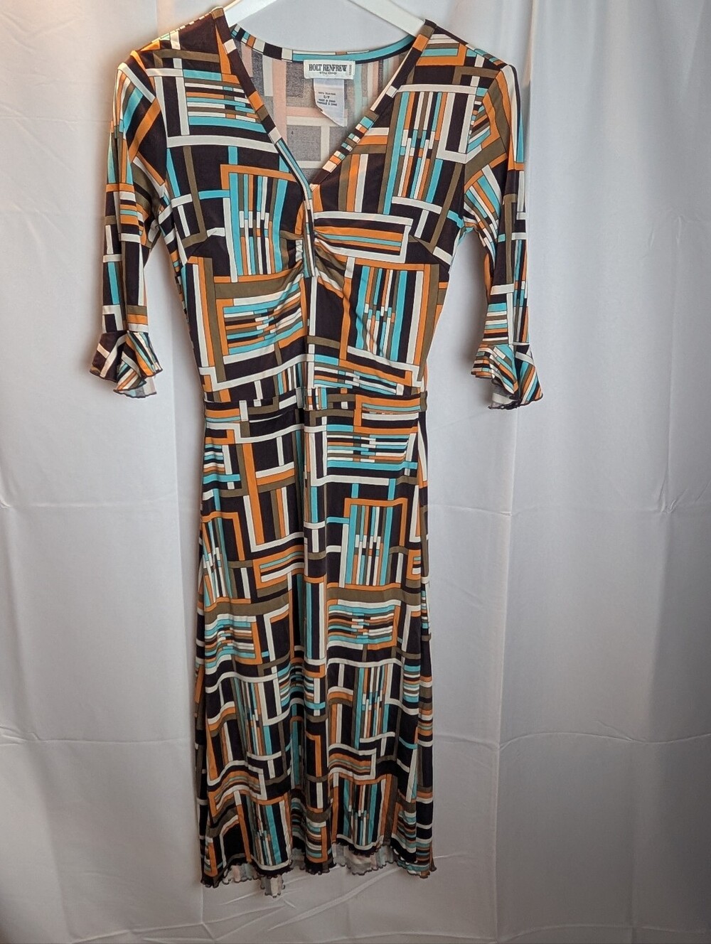 Vintage Holt Renfrew Studio Silk Midi Dress Small 70s Geo Mod Ruffle Sleeve